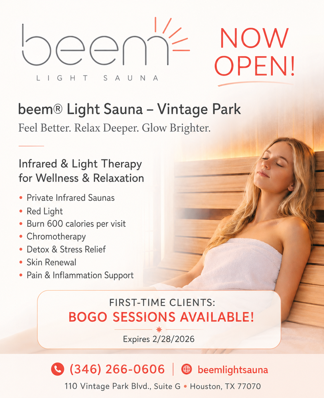 beem Light Sauna grand opening advertisement